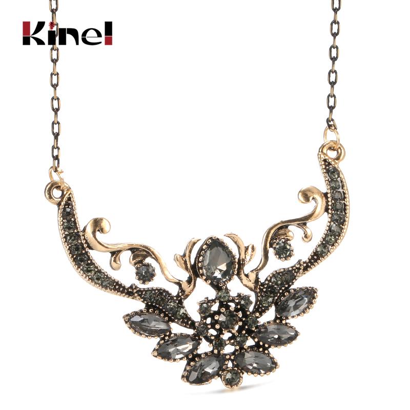 

Kinel Unique Gray Crystal Flower Pendant Necklace For Women Antique Gold Color Vintage Jewelry Party Accessories Luxury Gifts