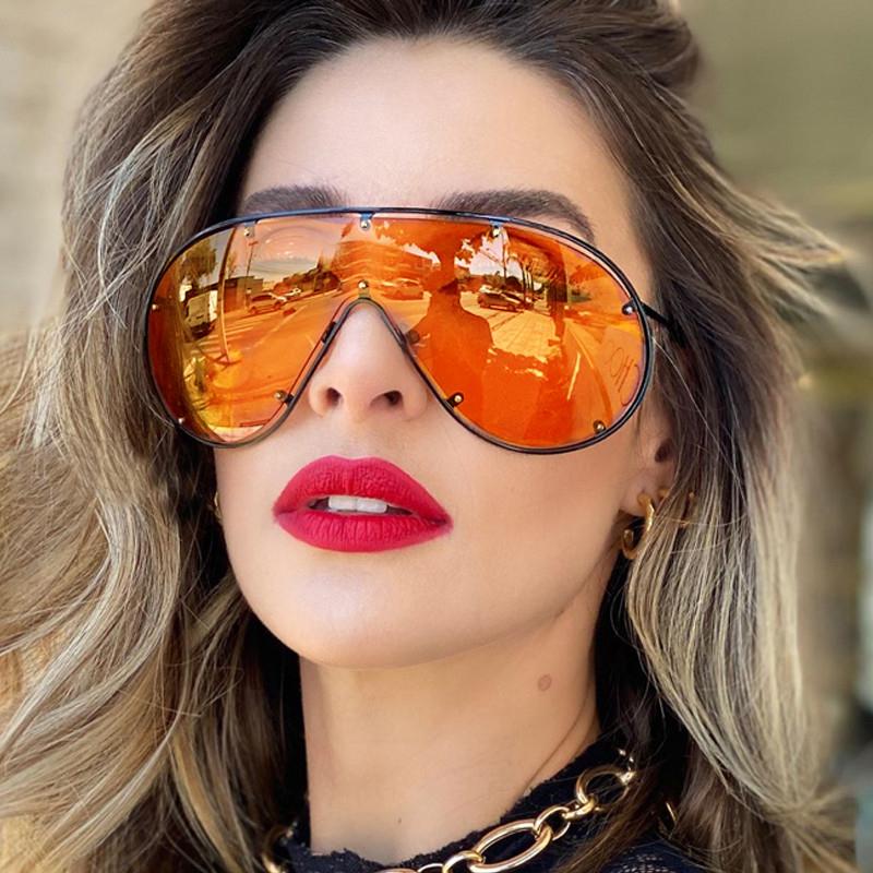 

Sunglasses 2021 Unqiue One Piece Shield For Women Alloy Oversized Hollow Frame Rivet Sun Glasses Men Eyewear