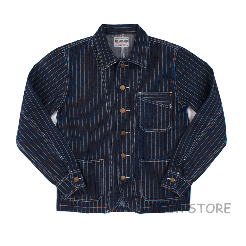 

Jacket male striped railway jeans, vintage jean work casual cry P412
