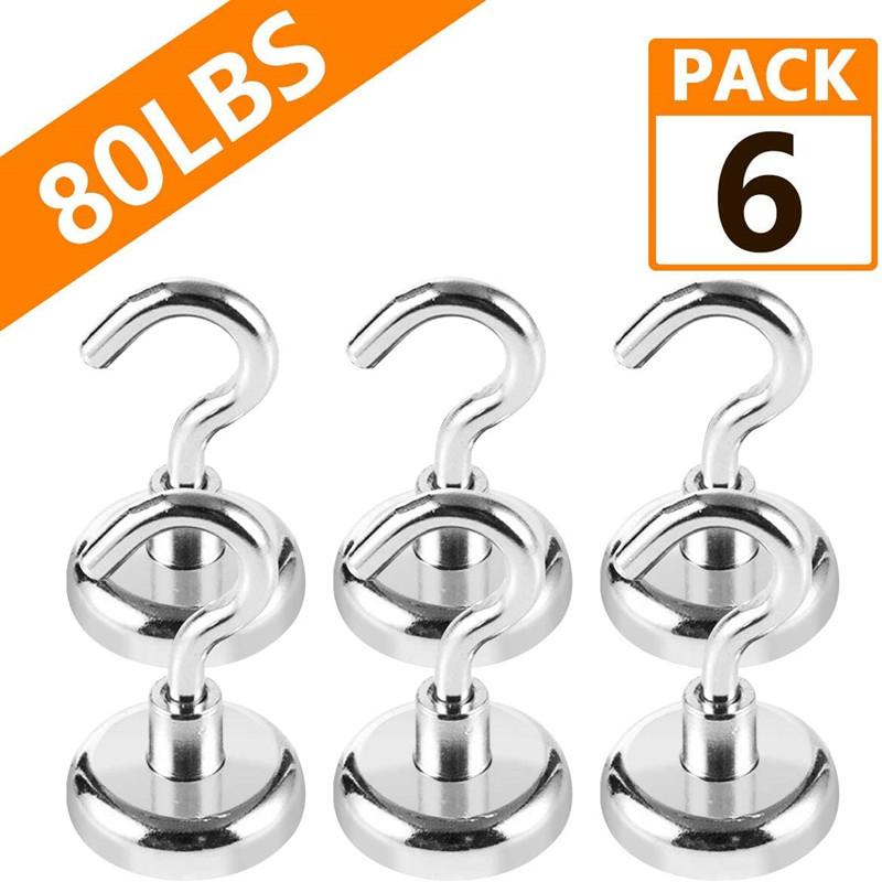 

Diameter 32mm Heavy Duty Neodymium Hanging Magnetic Hook for Fridge 6 Packs, 80lb Super Strong Magnetism Hook for Cruising 36KG
