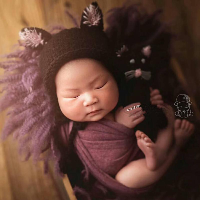 

Newborn Photography Crochet Cat Hat+Doll Props Baby Boy Photo Shoot Studio Posing Cartoon Hat Caps fotografia Accessories