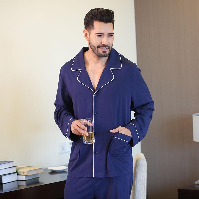 

Solid Long Sleeve Pajama Sets Plus Size Warm Two Piece Loungewear Pajamas Thicken Pijama Masculino Household Clothes DF50PS, Navy blue