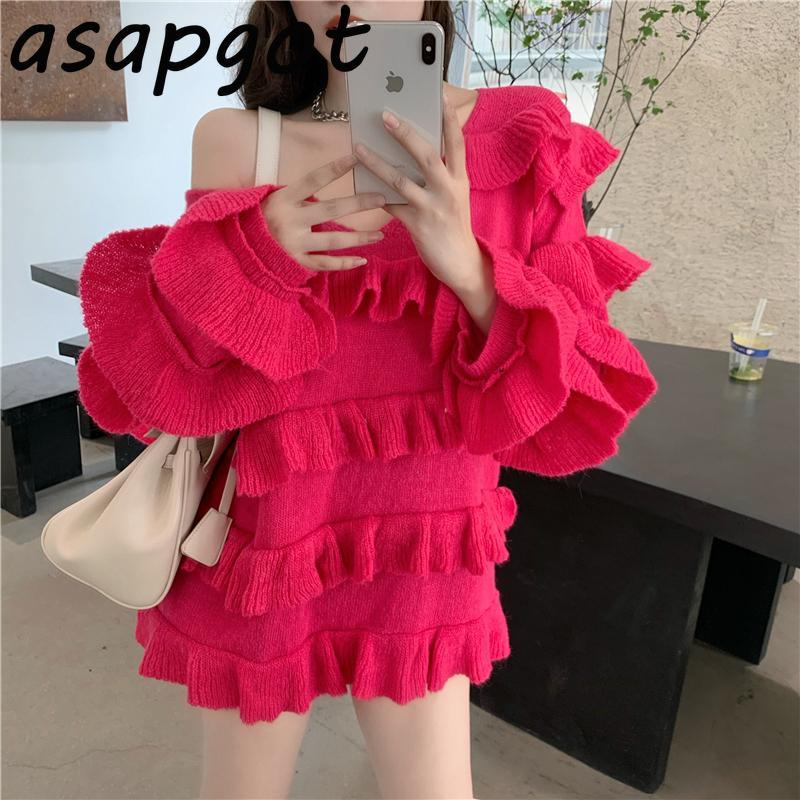 

Asapgot Loose Splicing Ruffled V-neck Red Sweaters Woman Flare Long Sleeve New White Knitted Tops Fashion Korean Chic Wild Slim