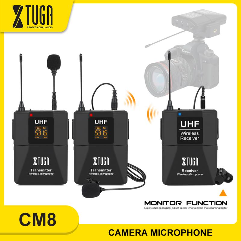 

XTUGA Dual Channels Camera Mic UHF Wireless Lavalier Microphone with Audio Monitor Function for Phone DSLR Camera DV Camcorder