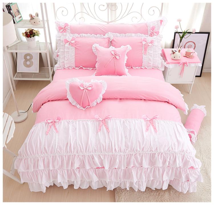 

100%Cotton Pink White Bow Bedding Set King Queen Size 4pcs Solid Ruffles Bedclothes Bed Set Princess Duvet Cover Linen Bed Skirt, Yellow