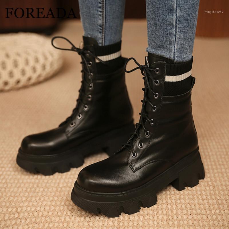 

FOREADA High Heel Motorcycle Boots Woman Real Leather Ankle Boots Zip Platform Thick Heel Shoes Lace Up Female Short Beige1, Beige synthetic lin