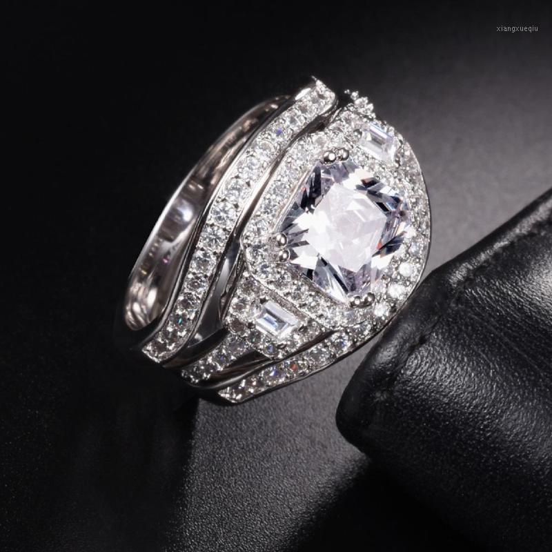 

Cluster Rings Vintage Princess-cut Diamond Sets 3-in-1 Luxury 10K White Gold Engagement Wedding Ring Finger For Women Jewelry Gift, Golden;silver