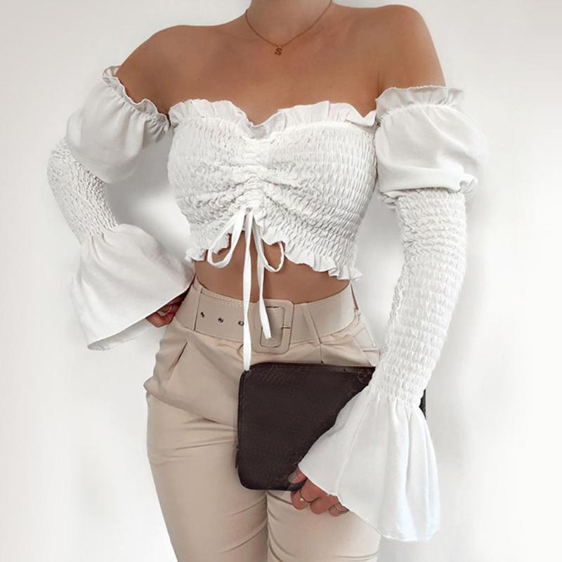 

Blue Black White Flare Sleeve Crop Top Sexy Streetwear Women Drawstring Pleated Shirts Tops Slash Neck Elastic Tees Blouse 2020