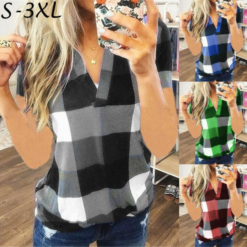 

Women's T-Shirt Vintage Fashion Women Summer V Neck Plaid Short Sleeve Loose Tops Casual Pullover Tee Streetwear, White