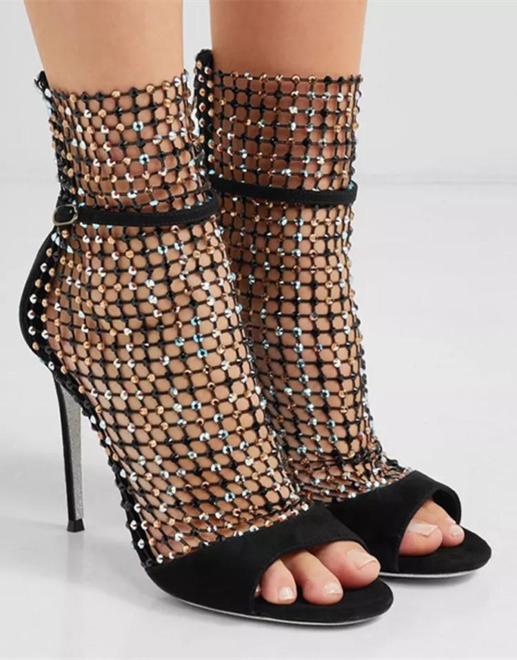 

Women's High Top Dress Sandals Shoes hollow bling Rhinestone Stiletto Shoes Summer High Thin Heels Open toe Pumps boots, Black 8cm