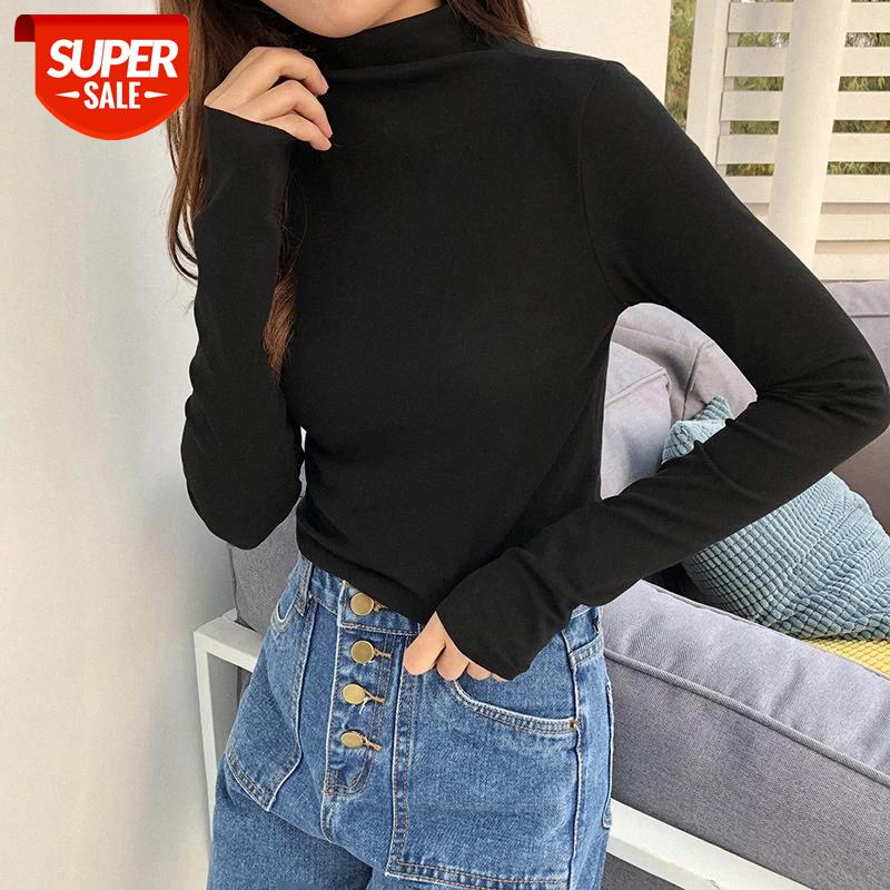

NORMOV Women Tops Slim Warm Longsleeve Solid Polyester Shirts Turtleneck Female Tops Pullover Office Lady Wild Tshirt S-2XL #Na24, White