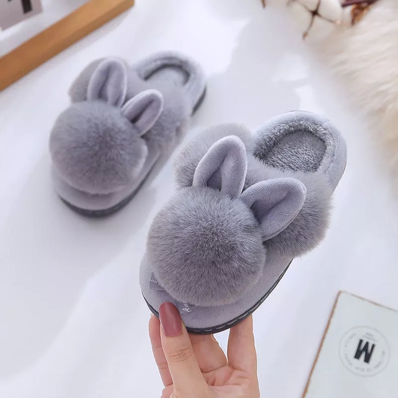 

Kids Winter Slippers Infant Baby Fur Ball Soft Slippers Children's Plush Indoor Home Slipper Bowtie Shoes For Toddler Girls #Z64B, Gray