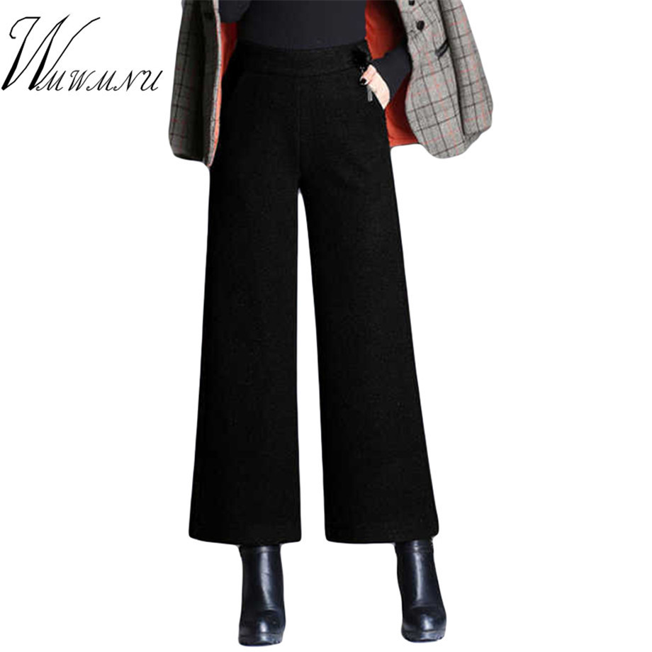 

Plus Size 5XL Women Wool Pants Street Wear Fashion Elastic High Waist Wide Leg Pants Ladies Office Casual Autumn Winter Trousers 201228, Black