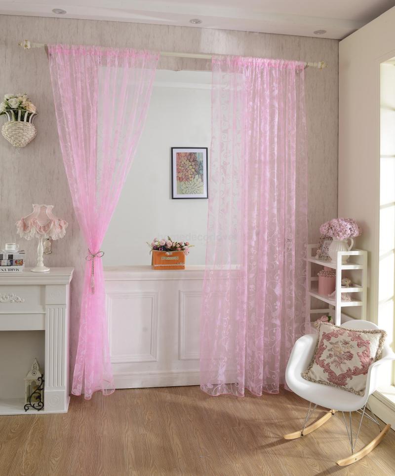 

2Pcs Flocking Butterfly Tulle Voile Door Window Curtain Drape Panel Sheer Scarf Valances Pink 200 x 100cm, As pic