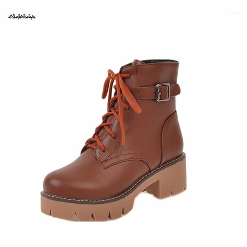 

Women boot Plus:34-42 43 Lace-Up Belt buckle Ladies Boots 5.5cm heel Short Plush Botines Plataforma Ladies Party Wedding boots1, Beige