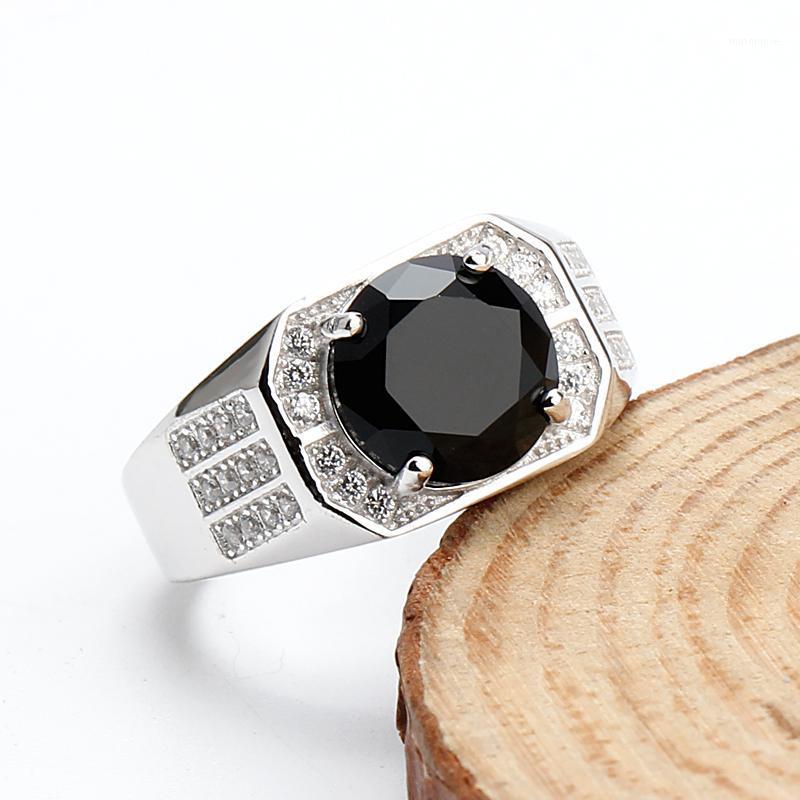 

925 Sterling Silver Men Ring with Geometric Black Big CZ Stone Simple Rings with Clear CZ For Men Fine Jewelry1