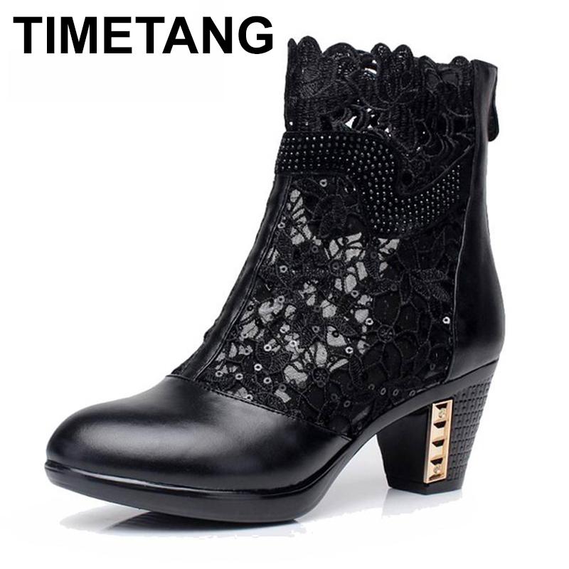 

TIMETANG Spring and autumn Thick Mid Heel Genuine Leather Lace Cut Out Summer Women Fashion Sandals Ankle Boots, Black