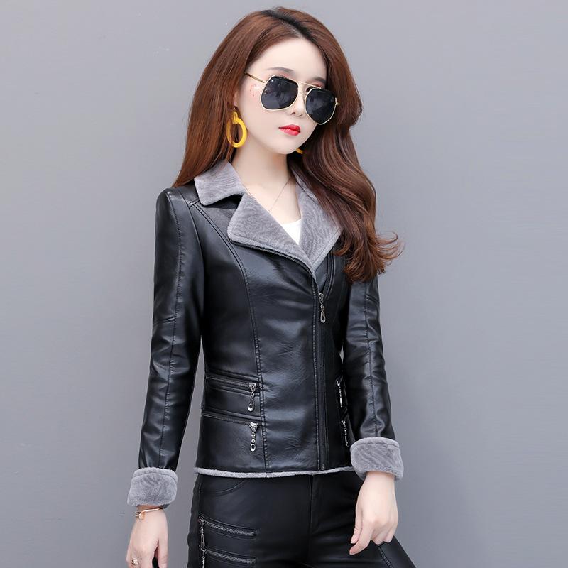 

Leather Jacket Women 2020 New Plus Velvet Warm Turn Collar Plus Size Locomotive Leather Jacket For Women -5XL High Quality, Black