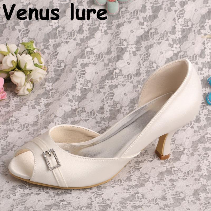 

Slip on Bridal Peep Toe Shoes Ivory Satin Medium Heel Dress Shoes Wedding1, Gold