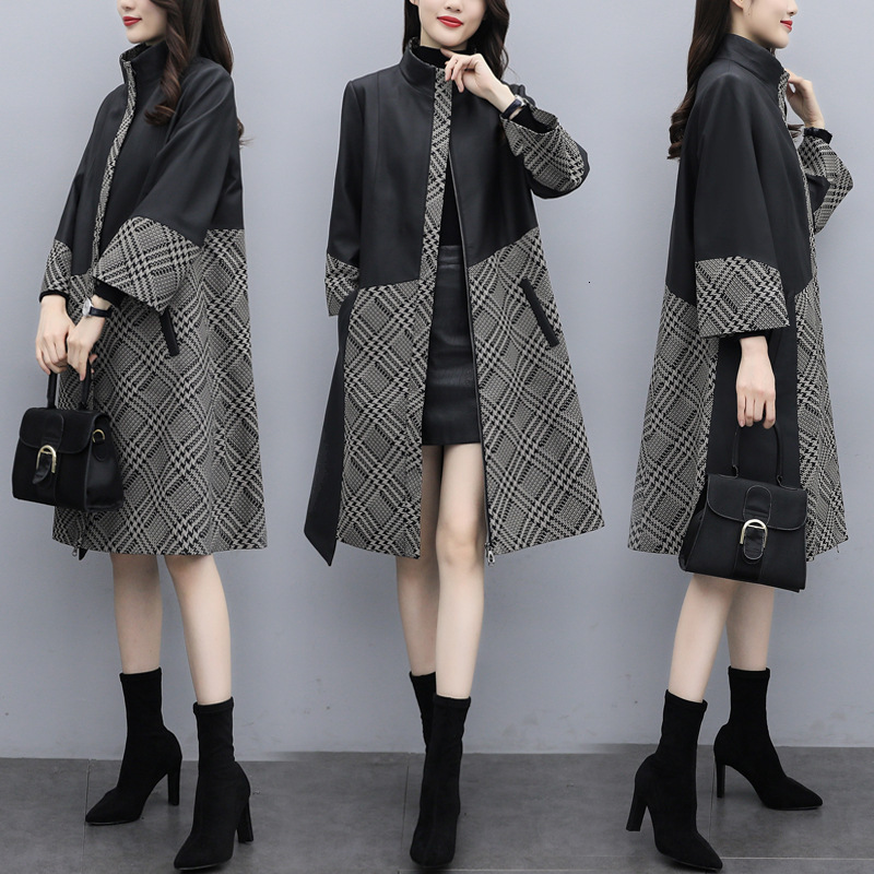 

2021 New Autumn and Winter Plus Mid-length To-line Size Female Leather Black Woollen Panel 1WOX, Picture color