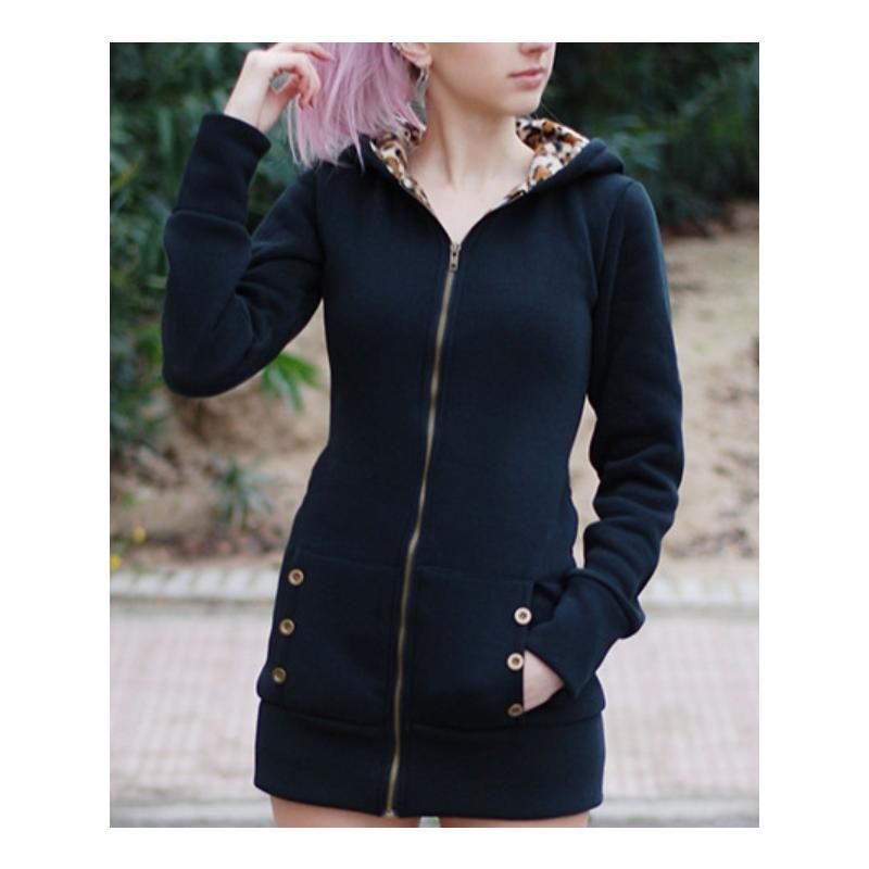 

Womens Autumn and Winter Casual Long Sleeves Outwears Leopard Printing Hoodies with Pockets Comfort Velvet Zipper Jackets, Black