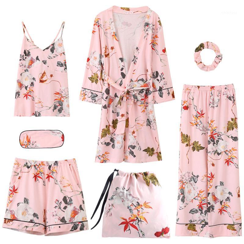 

7pcs Suit Robe Floral Sexy Home Pyjamas Women Cotton Plus Size Robe Nightwear Autumn Sleepwear Femme Homewear Sleep Lounge1, 004