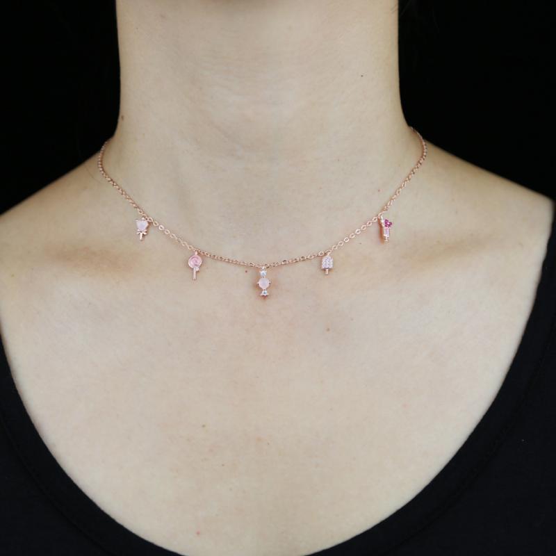 

2020 New Rose Gold Color Sweet Tooth Choker candy heart wine glass cute pink pastel mini stack Necklace for girls Jewelry