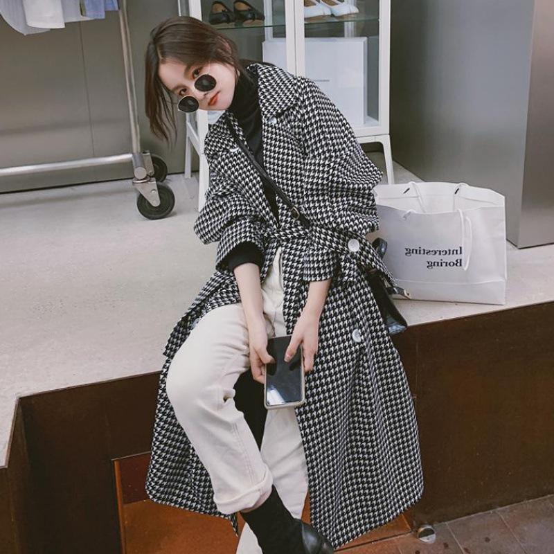

Women Elegant Long Plaid Coat With Belt Solid Color Long Sleeve Chic Outerwear Ladies Overcoat Autumn Winter 2021 Plus Size, No.1