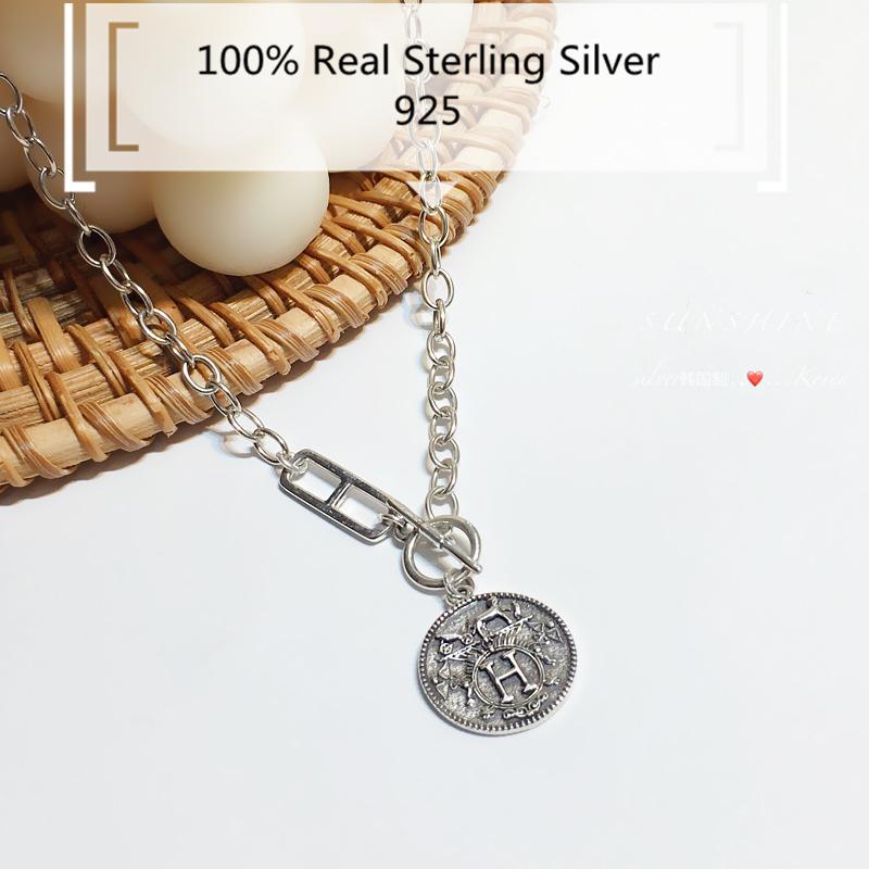 

100% 925 Sterling Silver Necklace European Vintage H Geometric Pedant Victorian Court Coin Sweater Stylish Lara Chain T Closure