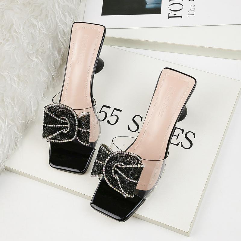 

Summer New Fashion Outside Butterfly-knot High Heels Transparent Women's Sandals Solid Thin Heels Blingbling 6.5cm High1, Black