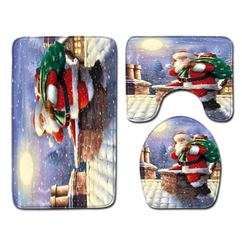 

3pcs Bath Mat Set Merry Christmas Stanta Claus Pattern Toilet Carpet Anti Slip Mat Washing Machine Bathroom Carpts Rug