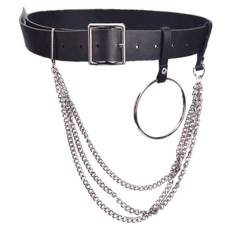 

Belts Female Leather Punk Gothic Rock Double Single Eyelet Grommet Waist Metal Chain Body Bondage Hollow Belt Accessories, As pic