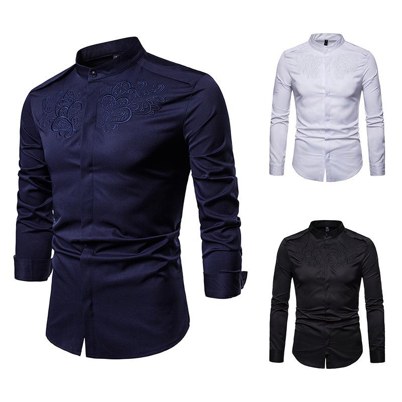 

2020 New Spring Men' Royal Embroidered Large Long Sleeve Shirt NY5297, Black