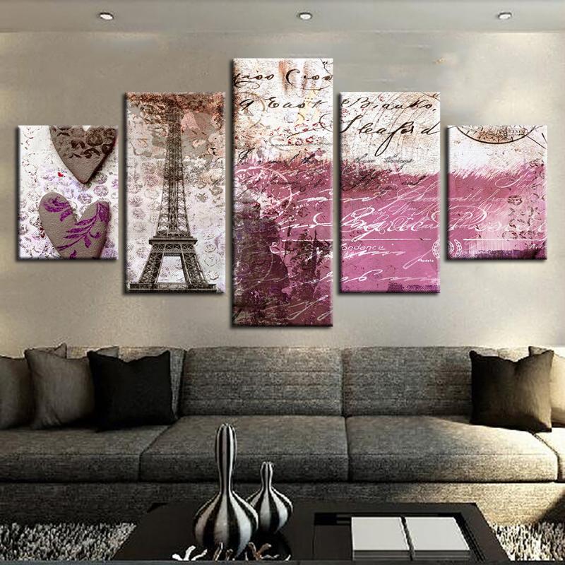 

Canvas Pictures Home Decor 5 Pieces Vintage Abstract Paris Tower Scenery Painting Modular Prints Love Heart Poster Room Wall Art