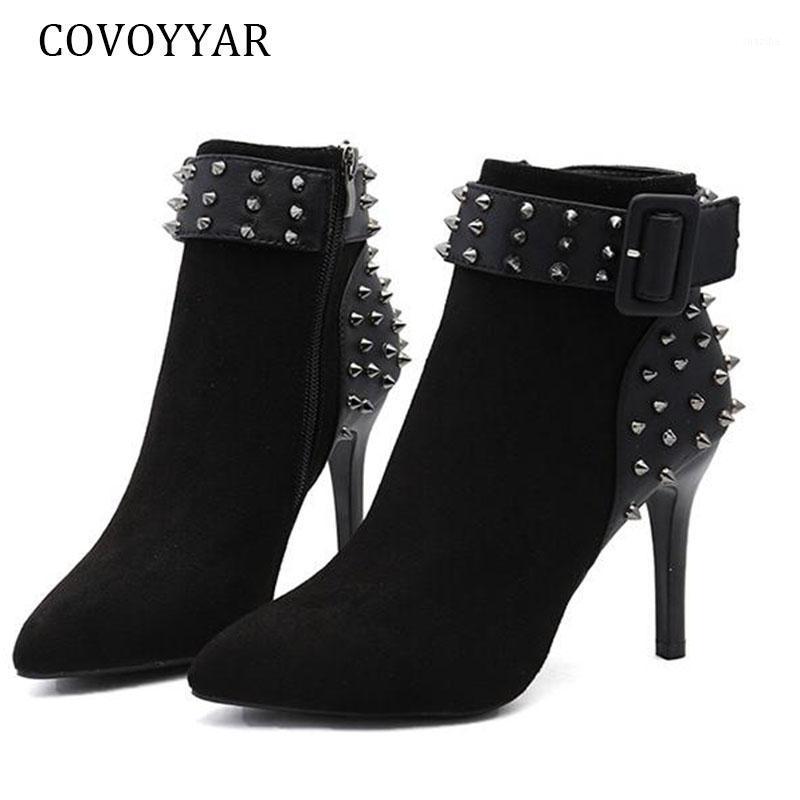 

COVOYYAR 2021 Thin High Heels Boots Women Pumps Warm Autumn Winter Shoes Woman Fashion Rivet Pointed Toe Ankle Boots WBS0491, Black