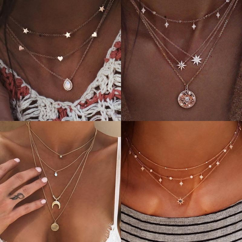 

Necklaces & Pendants for Women Fashion Moon Star Crystal Chain Gold Choker Necklaces Vintage Multilayer Kolye Boho Jewelry 2020