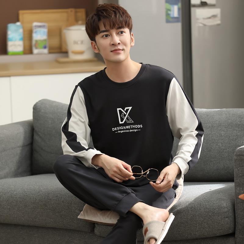 

New Pyjama Men's Long-sleeved Cotton Leisure Sports Home Clothes Set Spring Autumn Pajama Round Neck Gray Night Sleep Underwear, Y88932- ash
