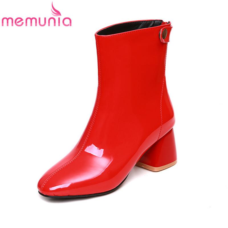 

MEMUNIA 2020 new arrival waterproof boots square toe 6.5cm high heels boots solid patent ankle for women plus size 30-47, Black