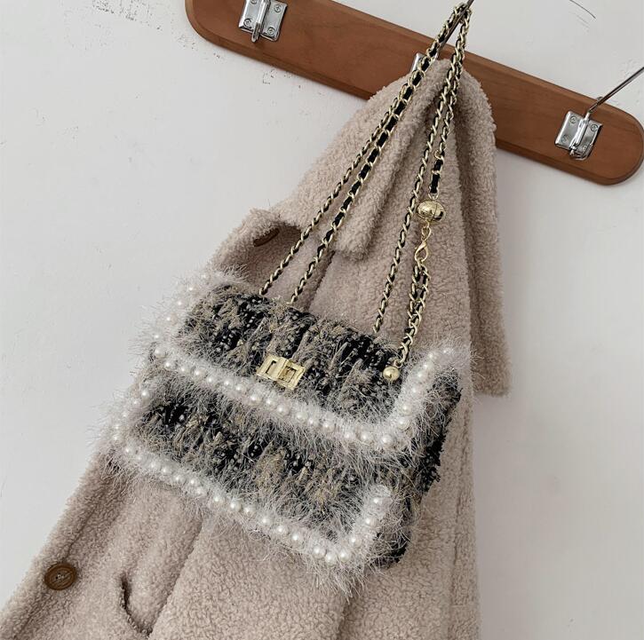 

womens handbag sweet little fresh stripes Mao Maos chain bag winter plush shoulder bags fashionable Pearl decorative women messenger handbags