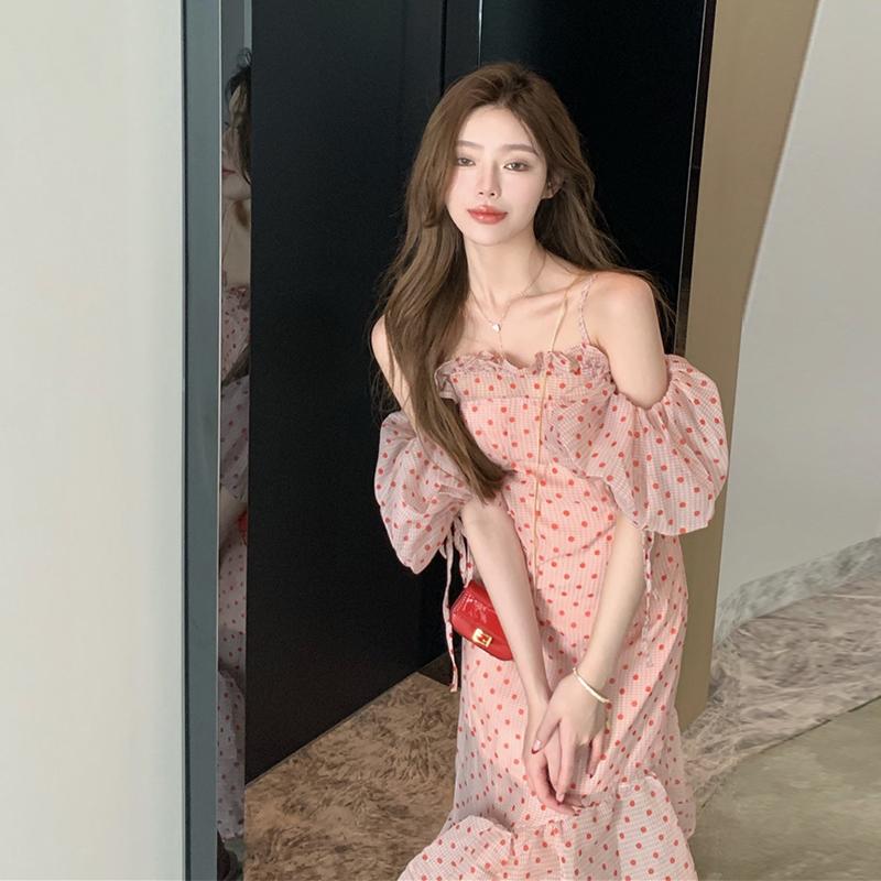 

Casual Dresses Retro Elegant Sexy Sweet Slash Neck Puff Sleeve Irregular Dress Women Polka Dot Off Shoulder Spaghetti Strap Fashion Vestido, Black;gray