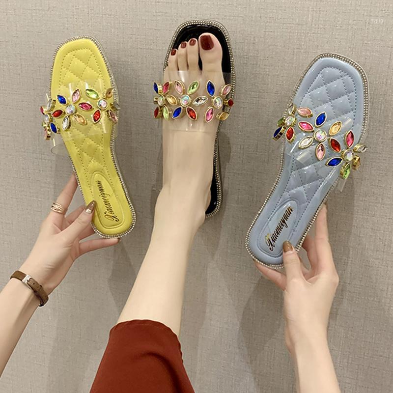 

New transparent slippers for women in 2020 summer wear antiskid fashion net red and lazy water drill slippers flat shoes1, See chart