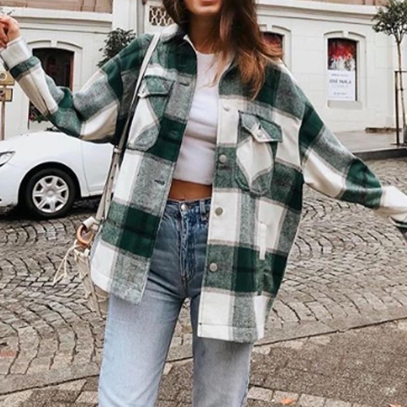 

Winter Green Plaid Jacket Coat Women Streetwear Long Leeve Thick Wool Coat Fashion Pocket Oversized Lapel Autumn Shirts Coats, Grey red