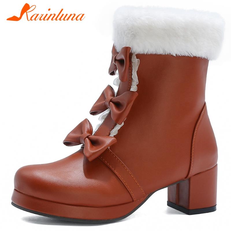 

KARIN Plus Size 30-48 Girl 2020 Sweet Zip Boots Round Toe Thick High Heels Butterfly Knot Women Boots Ankle Women Shoes, White