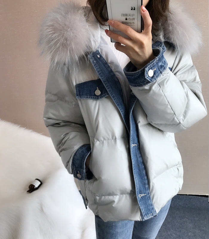 

New Female 2020 Winter Jacket with Hood, Korean Raccoon Skin Collar, White Duck Down, Coat, Doudoune Femme Hiver Kkny, L light blue