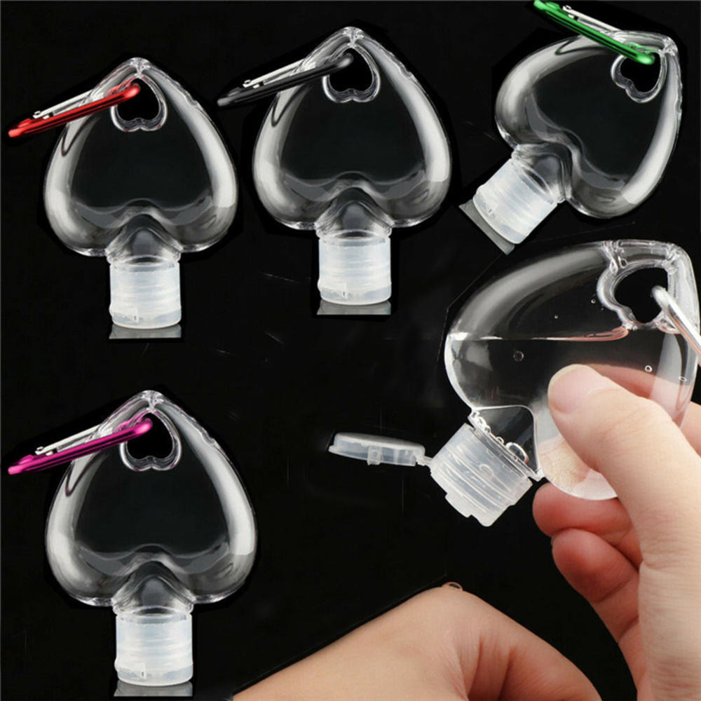 

50ml Portable Heart Shape Empty Refillable Bottle With Key Ring Hook Travel Hand Sanitizer Bottle Hook Keychain Carrier New
