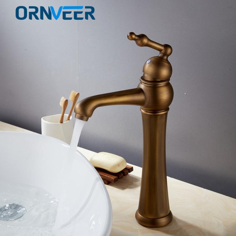 

Free Shipping Tall Antique Brass Bathroom Faucet Single Hole Brass Basin Sink Mixer Tap