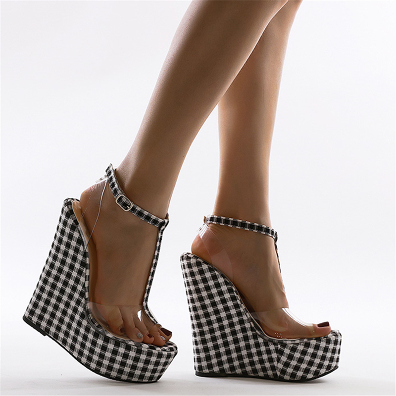 

2021 New Fashion Gingham Thick Bottoms Wedge Sandals Make Transparent Heels Women's Shoes 6ULI