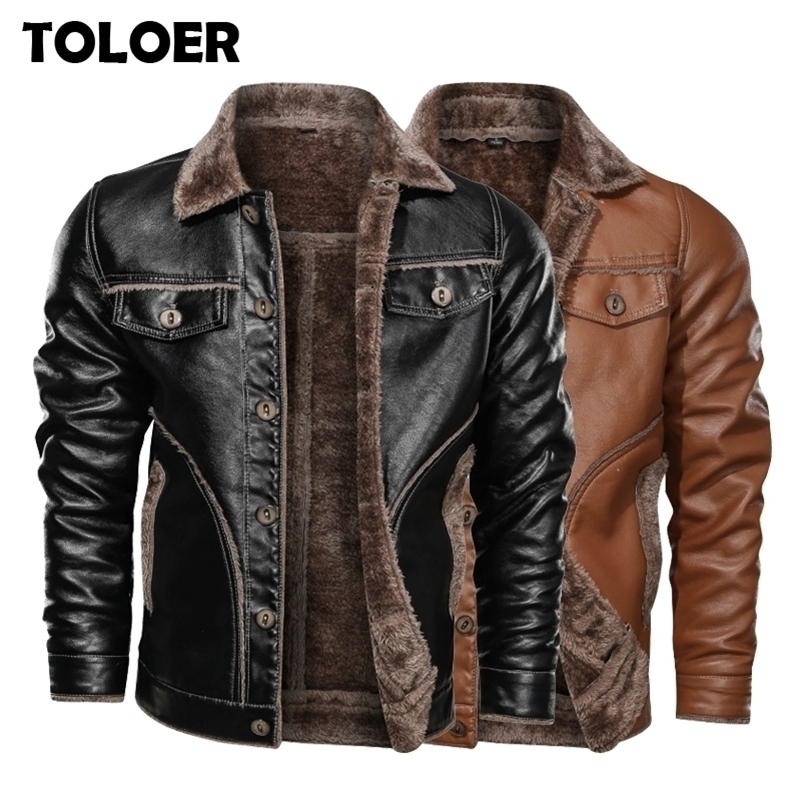 

Winter New Men' Leather Jacket Casual Plus Velvet PU Leather Coat Men Fleece Military Motorcycle Retro Jacket Large Size M-8XL 201118, Mga788 brown