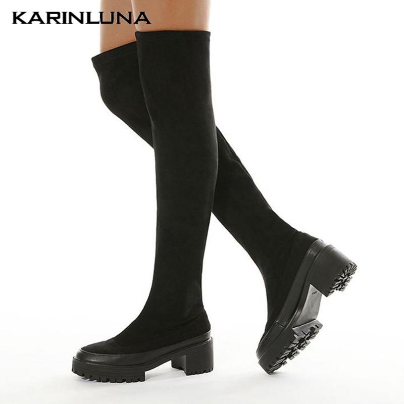 

Drop Shipping On Sale Gothic Fashion Shoes Women Patchwork over-the-knee High Boots Square Thick Heels Flock Thigh Booties, Black