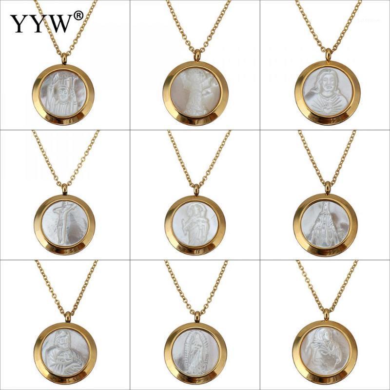 

White Shell Pendant Necklace Flat Round Shape Pendant Stainless Steel Necklace 2.5inch Extender Oval Chain For Woman1